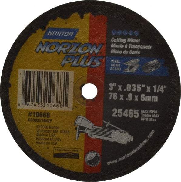 Norton - 3" Ceramic Cutoff Wheel - 0.035" Thick, 1/4" Arbor, 25,465 Max RPM, Use with Die Grinders - Eagle Tool & Supply