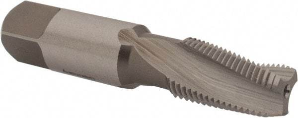 Emuge - 1/8-27 NPTF, 15° Helix, 3 Flutes, Modified Bottoming Chamfer, Bright Finish, High Speed Steel, Spiral Flute Pipe Tap - Right Hand Flute, 7/16" Shank Diam, 3/4" Thread Length, 0.250-0.375" Projection, 0.328" Square Size, - Eagle Tool & Supply