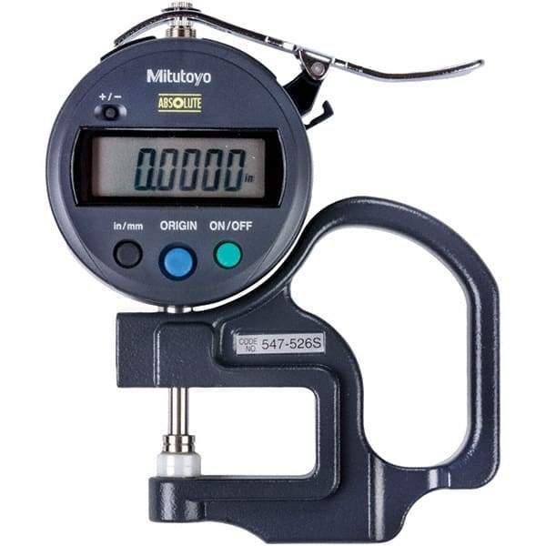 Mitutoyo - 0mm to 12mm Measurement, 0.001mm Resolution Electronic Thickness Gage - Accurate up to 0.0002", 1.5 N Measuring Force - Eagle Tool & Supply