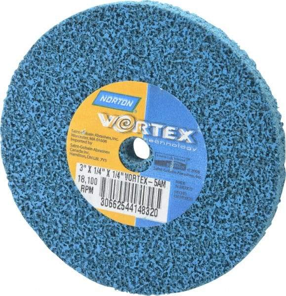 Norton - 3" Diam, 1/4" Face Width, 1/4" Center Hole, Medium Grade, Aluminum Oxide Deburring Wheel - Unitized, Medium Density 5 Grade - Eagle Tool & Supply
