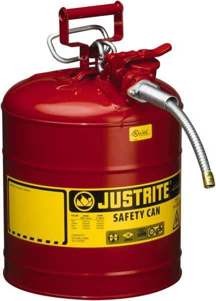 Justrite - 5 Gal Galvanized Steel Type II Safety Can - 17-1/2" High x 11-3/4" Diam, Red with Yellow - Eagle Tool & Supply