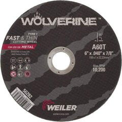 Weiler - 6" 60 Grit Aluminum Oxide Cutoff Wheel - 0.04" Thick, 7/8" Arbor, 10,200 Max RPM, Use with Angle Grinders - Eagle Tool & Supply