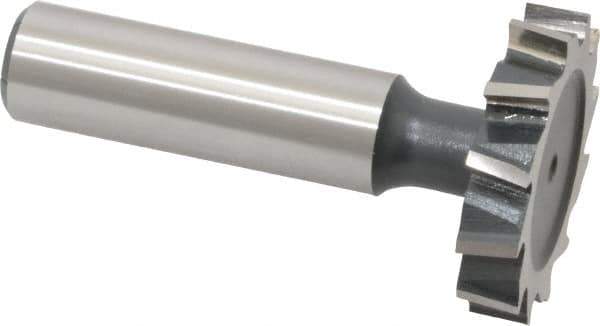 Interstate - 1-1/4" Diam x 1/4" Face Width, High Speed Steel, 14 Teeth, Shank Connection Woodruff Keyseat Cutter - Uncoated, 2-1/4" OAL x 1/2" Shank, Staggered Teeth, ANSI 810, Old Standard 21 - Eagle Tool & Supply