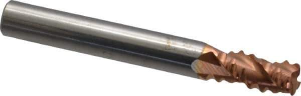 Accupro - 1/4" Diam, Coarse Pitch, 3/8" LOC, 3 Flute Solid Carbide Roughing Square End Mill - TiCN Finish, 2" OAL, 1/4" Shank Diam, Single End, Centercutting, 30° Helix - Eagle Tool & Supply