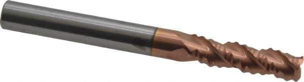 Accupro - 1/4" Diam, Coarse Pitch, 3/4" LOC, 3 Flute Solid Carbide Roughing Square End Mill - TiCN Finish, 2-1/2" OAL, 1/4" Shank Diam, Single End, Centercutting, 30° Helix - Eagle Tool & Supply