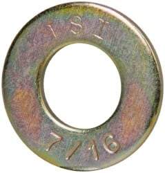 Made in USA - 7/16" Screw, Grade 8 Alloy Steel SAE Flat Washer - 15/32" ID x 59/64" OD, 0.072" Thick, Zinc Yellow Dichromate Finish - Eagle Tool & Supply