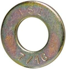 Made in USA - 7/16" Screw, Grade 8 Alloy Steel SAE Flat Washer - 15/32" ID x 59/64" OD, 0.072" Thick, Zinc Yellow Dichromate Finish - Eagle Tool & Supply