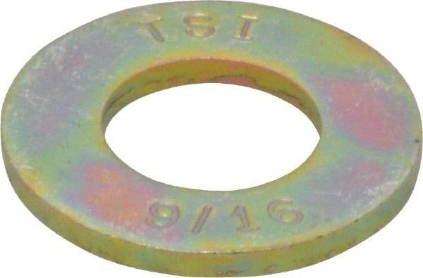 Made in USA - 9/16" Screw, Grade 8 Alloy Steel SAE Flat Washer - 19/32" ID x 1-3/16" OD, 0.121" Thick, Zinc Yellow Dichromate Finish - Eagle Tool & Supply