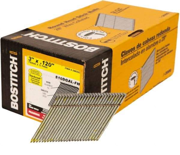 Stanley Bostitch - 11 Gauge 0.12" Shank Diam 3" Long Framing Nails for Power Nailers - Steel, Galvanized Finish, Smooth Shank, Angled Stick Wire Collation, Round Head, Diamond Point - Eagle Tool & Supply