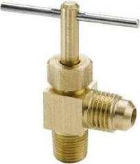 Parker - 3/8 x 1/4" Pipe, Angled Needle Valve - Flare x MNPTF Ends, Brass Valve, 150 Max psi - Eagle Tool & Supply