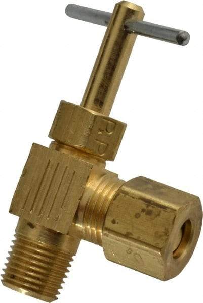 Parker - 1/4 x 1/8" Pipe, Angled Needle Valve - Compression x MNPTF Ends, Brass Valve, 150 Max psi - Eagle Tool & Supply