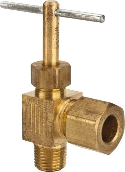 Parker - 5/16 x 1/8" Pipe, Angled Needle Valve - Compression x MNPTF Ends, Brass Valve, 150 Max psi - Eagle Tool & Supply