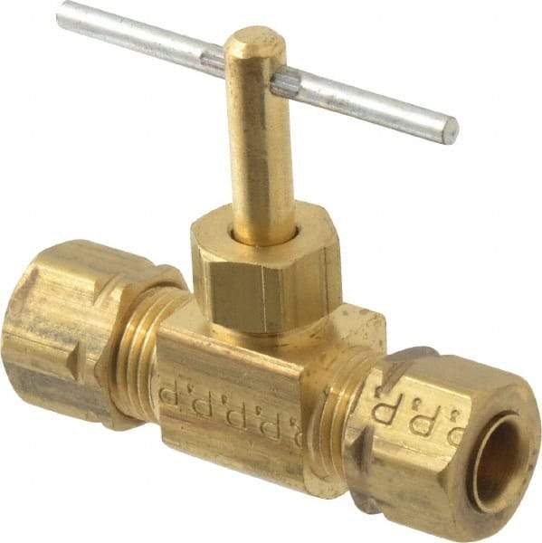 Parker - 1/4" Pipe, Inline Needle Valve - Compression x Compression Ends, Brass Valve, 150 Max psi - Eagle Tool & Supply