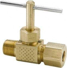 Parker - 1/4" Pipe, Inline Needle Valve - Compression x MNPTF Ends, Brass Valve, 150 Max psi - Eagle Tool & Supply