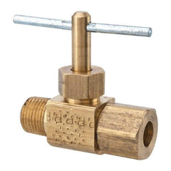 Parker - 1/4 x 1/8" Pipe, Inline Needle Valve - Compression x MNPTF Ends, Brass Valve, 150 Max psi - Eagle Tool & Supply