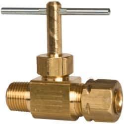 Parker - 3/8 x 1/4" Pipe, Inline Needle Valve - Compression x MNPTF Ends, Brass Valve, 150 Max psi - Eagle Tool & Supply