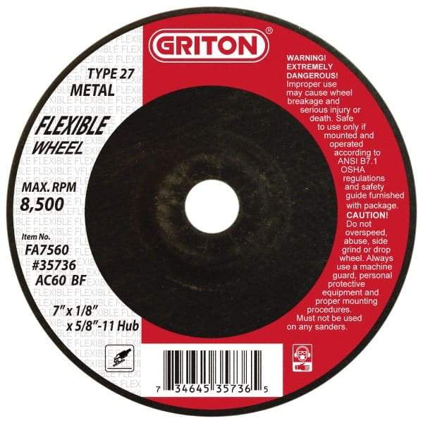 Value Collection - 60 Grit, 7" Wheel Diam, 1/8" Wheel Thickness, Type 27 Depressed Center Wheel - Aluminum Oxide, 8,500 Max RPM - Eagle Tool & Supply