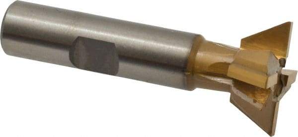 Made in USA - 1" Diam x 3/8" Width of Cut, 60° Included Angle, Carbide-Tipped Dovetail Cutter - 1/2" Shank Diam, 2-1/2" Overall Length, 0.02" Corner Radius, Weldon Flat, TiN Coated - Eagle Tool & Supply