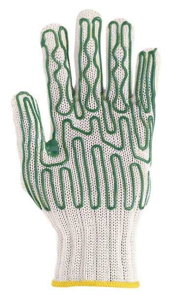 Whizard - Size L (9), ANSI Cut Lvl 5, Polyurethane Coated Cut Resistant Gloves - Palm & Fingers Coated, Knit Wrist, Tan/Green, Right - Eagle Tool & Supply