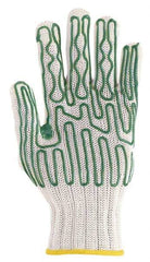 Whizard - Size L (9), ANSI Cut Lvl 5, Polyurethane Coated Cut Resistant Gloves - Palm & Fingers Coated, Knit Wrist, Tan/Green, Right - Eagle Tool & Supply