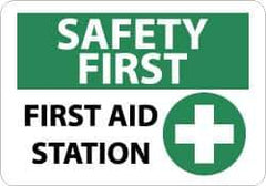 NMC - "Safety First - First Aid Station", 10" Long x 14" Wide, Rigid Plastic Safety Sign - Rectangle, 0.05" Thick, Use for First Aid - Eagle Tool & Supply