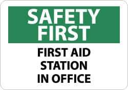 NMC - "Safety First - First Aid Station in Office", 10" Long x 14" Wide, Rigid Plastic Safety Sign - Rectangle, 0.05" Thick, Use for First Aid - Eagle Tool & Supply