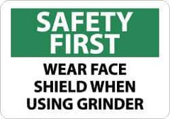 NMC - "Safety First - Wear Face Shield When Using Grinder", 10" Long x 14" Wide, Pressure-Sensitive Vinyl Safety Sign - Rectangle, 0.004" Thick, Use for Accident Prevention - Eagle Tool & Supply