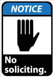 NMC - "Notice - No Soliciting", 14" Long x 10" Wide, Rigid Plastic Safety Sign - Rectangle, 0.05" Thick, Use for Security & Admittance - Eagle Tool & Supply