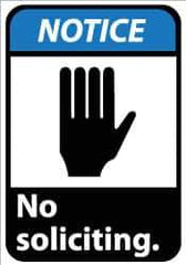 NMC - "Notice - No Soliciting", 14" Long x 10" Wide, Pressure-Sensitive Vinyl Safety Sign - Rectangle, 0.004" Thick, Use for Security & Admittance - Eagle Tool & Supply