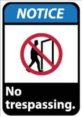 NMC - "Notice - No Trespassing", 14" Long x 10" Wide, Pressure-Sensitive Vinyl Safety Sign - Rectangle, 0.004" Thick, Use for Security & Admittance - Eagle Tool & Supply