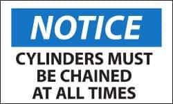 NMC - Accident Prevention Label, Header: NOTICE - Legend: Notice - Cylinders Must Be Chained at All Times, English, Black, Blue & White, 5" Long x 3" High, Sign Muscle Finish - Eagle Tool & Supply