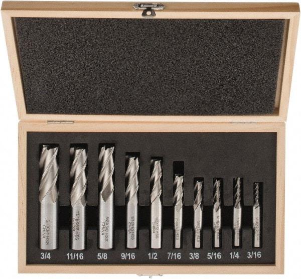 Interstate - 3/16 to 3/4", 4 Flute Square End Mill Set - Uncoated, High Speed Steel, Single End, Centercutting - Eagle Tool & Supply