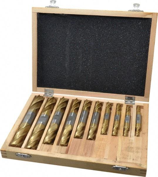 Interstate - 3/16 to 3/4", 4 Flute Square End Mill Set - TiN Coating, High Speed Steel, Double End, 3/8, 1/2" Shank Diam, Centercutting - Eagle Tool & Supply