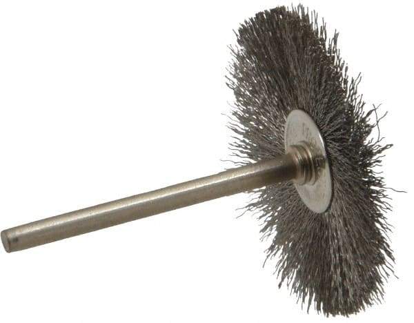 Anderson - 1-1/2" OD, 1/8" Shank Diam, Crimped Stainless Steel Wheel Brush - 0.005" Filament Diam, 25,000 RPM - Eagle Tool & Supply