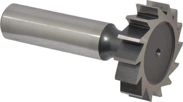 Interstate - 1-1/4" Diam x 5/16" Face Width, High Speed Steel, 14 Teeth, Shank Connection Woodruff Keyseat Cutter - Uncoated, 2-5/16" OAL x 1/2" Shank, Straight Teeth, ANSI 1010, Old Standard D - Eagle Tool & Supply