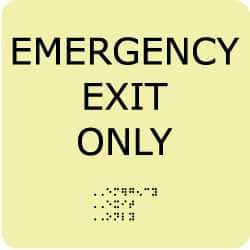 NMC - Emergency Exit Only, Plastic Exit Sign - 8" Wide x 8" High, English/Braille, Glow-in-the-Dark - Eagle Tool & Supply