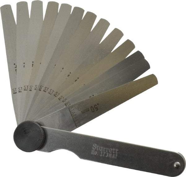 Starrett - 13 Piece, 0.03 to 0.5mm Tapered Feeler Gage Set - 77mm Long x 7 to 12.7mm Wide (Tapered), Tempered Steel - Eagle Tool & Supply