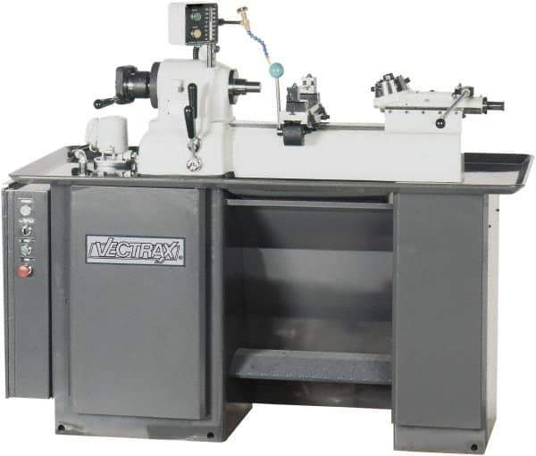 Vectrax - 9" Swing, 36" Between Centers, 220 Volt, Triple Phase Turret Lathe - 1 hp, 4,000 Max RPM, 2-3/16" Bore Diam, 35" Deep x 68" High x 74" Long - Eagle Tool & Supply