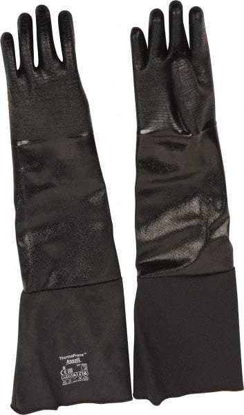 Ansell - Size M (8), 26" Long, 85 mil Thick, Supported, Neoprene Chemical Resistant Gloves - Textured Finish, Fleece/Jersey Lined, Gauntlet Cuff, ANSI Abrasion Level 3, ANSI Cut Level 2, Black, FDA Approved - Eagle Tool & Supply