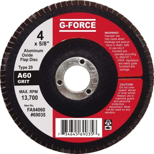 Value Collection - 60 Grit, 4" Disc Diam, 5/8" Center Hole, Type 29 Aluminum Oxide Flap Disc - 13,500 Max RPM, Fiberglass Backing, Arbor Attaching System, Coated - Eagle Tool & Supply