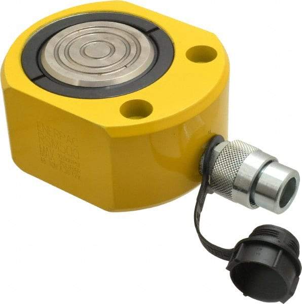 Enerpac - 50 Ton, 0.63" Stroke, 6.01 Cu In Oil Capacity, Portable Hydraulic Flat Body Cylinder - 9.62 Sq In Effective Area, 2.63" Lowered Ht., 3.25" Max Ht., 3.5" Cyl Bore Diam, 2.75" Plunger Rod Diam, 10,000 Max psi - Eagle Tool & Supply