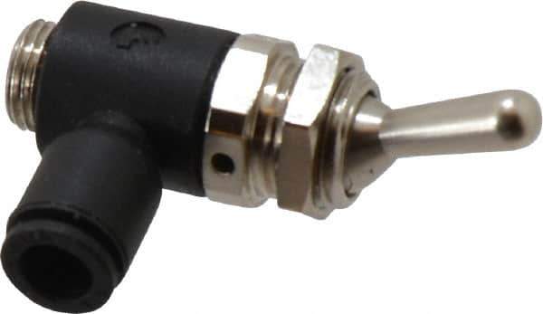 Legris - 6mm OD, 1/8 BSPP, Nylon/Nickel Plated Brass Push-to-Connect Manually Operated 3-Way Venting Valve - 230 Max psi, Black - Eagle Tool & Supply