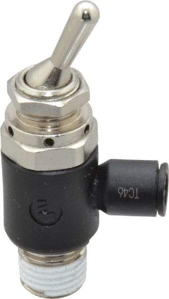 Legris - 1/4" OD, 1/4 NPT, Nylon/Nickel Plated Brass Push-to-Connect Manually Operated 3-Way Venting Valve - 230 Max psi, Black - Eagle Tool & Supply