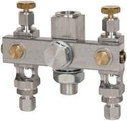 LDI Industries - 5/8-18 Outlet Thread, 1/4 Inlet Thread, Aluminum, Straight Valve, Oil Reservoir Needle Valve Manifold - 2 Outlet, 4-3/16" Wide, NPTF Inlet Thread, UNF Outlet Thread - Eagle Tool & Supply