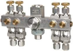 LDI Industries - 5/8-18 Outlet Thread, 1/4 Inlet Thread, Aluminum, Straight Valve, Oil Reservoir Needle Valve Manifold - 4 Outlet, 5-11/16" Wide, NPTF Inlet Thread, UNF Outlet Thread - Eagle Tool & Supply