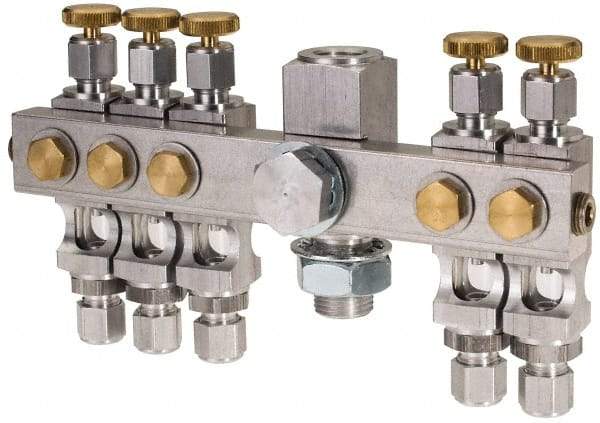 LDI Industries - 5/8-18 Outlet Thread, 1/4 Inlet Thread, Aluminum, Straight Valve, Oil Reservoir Needle Valve Manifold - 5 Outlet, 6-7/16" Wide, NPTF Inlet Thread, UNF Outlet Thread - Eagle Tool & Supply