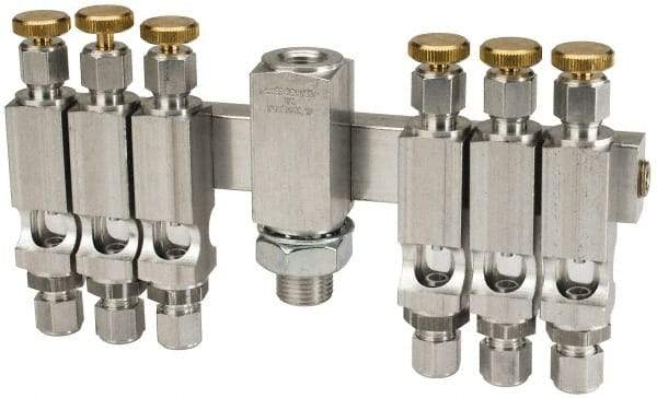 LDI Industries - 5/8-18 Outlet Thread, 1/4 Inlet Thread, Aluminum, Straight Valve, Oil Reservoir Needle Valve Manifold - 6 Outlet, 7-3/16" Wide, NPTF Inlet Thread, UNF Outlet Thread - Eagle Tool & Supply