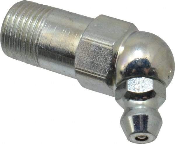 Alemite - 65° Head Angle, 1/8 PTF Carbon Steel Standard Grease Fitting - 7/16" Hex, 1-7/32" Overall Height, 9/16" Shank Length, 10,000 Operating psi, Zinc Plated Finish - Eagle Tool & Supply