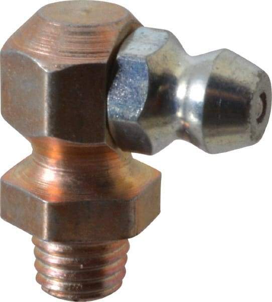 Alemite - 90° Head Angle, 1/4-28 Taper Nickel/Copper Thread-Forming Grease Fitting - 3/8" Hex, 3/4" Overall Height, Zinc Plated Finish - Eagle Tool & Supply