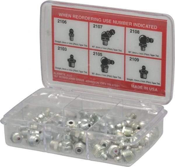 Alemite - 44 Piece, Metric, Box Grease Fitting Set - Includes Metric Thread Types, Includes M10x1: (10) Straight, M6x1: (10) Straight, (6) 45°, (6) 90°, M8x1: (6) Straight, (6) 90° - Eagle Tool & Supply